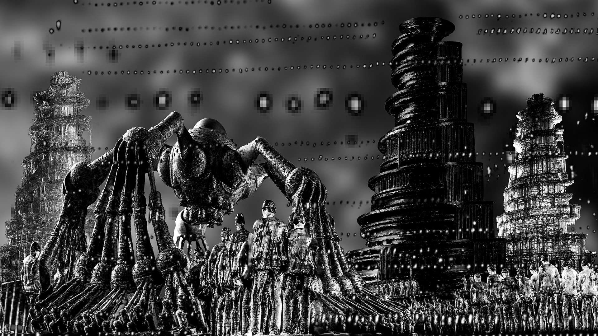 Das digitale Kunstwerk bildet in Schwarz-Weiss eine dystophische Stimmung ab: Menschenmassen laufen durch wie Fangarme aufgestellten, riesige Flanken eines futuristischen Kampfroboters in Richtung dreier babylonischer Türme. Die Menschenkolonnen wenden dem Bildbetrachter den Rücken zu. Die babylonischen Türme unterscheiden sich. Der zentrale, größte Turm ist schwarz mit Stützstreben, der weiter entfernte, rechte Turm wirkt wie ein modernes Bürogebäude, der linke Turm sieht aus, als wäre er im Bau oder als würde er verfallen. Der düstere Wolkenhintergrund ist durch pixelige, horizontale Lichtpunkt-Reihen unterbrochen.