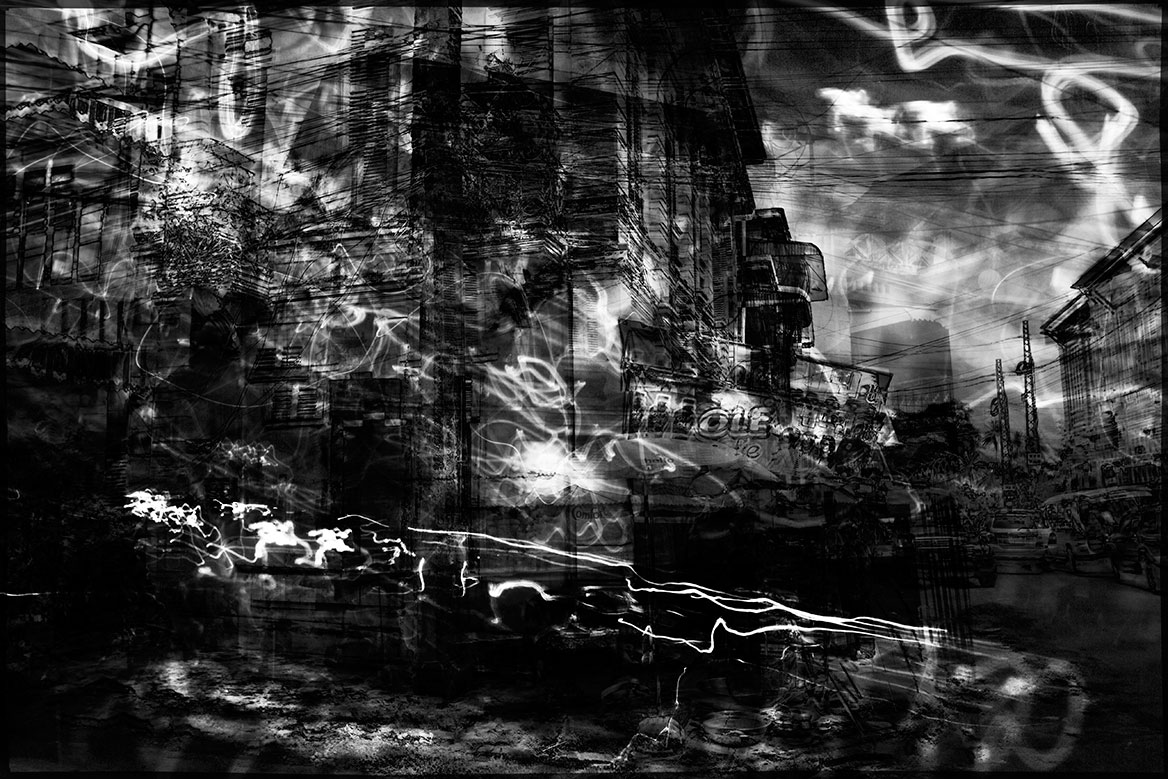 Digital light paintings are particularly effective in the darkened street scene.