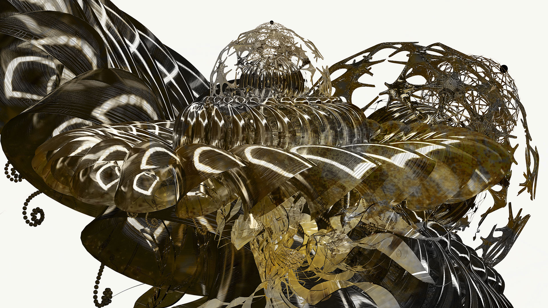 The digital artwork shows an aesthetic thistle flower, bathed in golden light. The artificially generated plant species consists of rotated elements and fragile structures.