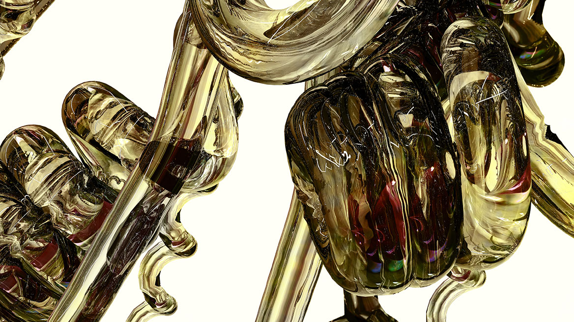 Der Detailausschnitt aus dem Werk der Digitalkunst bildet den Detailreichtum der Einspiegelungen und der durchscheinenden Tentakel ab.