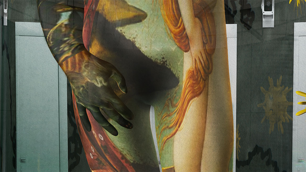 Bauch und Oberschenkel der nackten Corona mit weiteren Texturfragmenten aus dem Originalwerk von Botticelli.