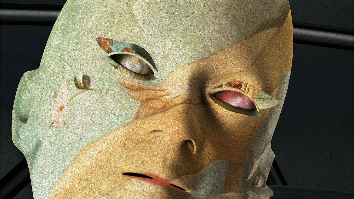 Ausschnitt aus dem digitalen Kunstwerk. Er zeigt das Gesicht der Corona. Die Gesichtshaut ist mit Fragmenten aus dem Bild von Botticelli versehen. Man erkennt Teile der Venus und eine Blume.