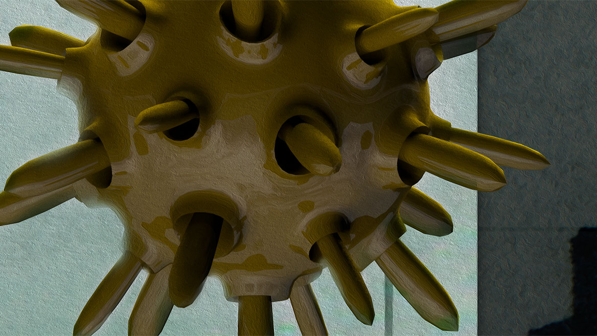 Ein großer, gelber Virus in Detailansicht. Die Oberfläche wirkt wie gemalt und reflektiert die Umgebung.