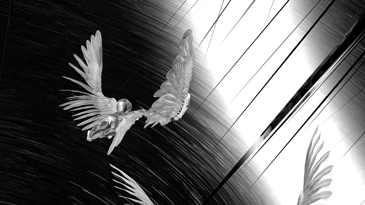 A flying baby chimera from behind in flight. It barely escapes the sharp rays of the sun.