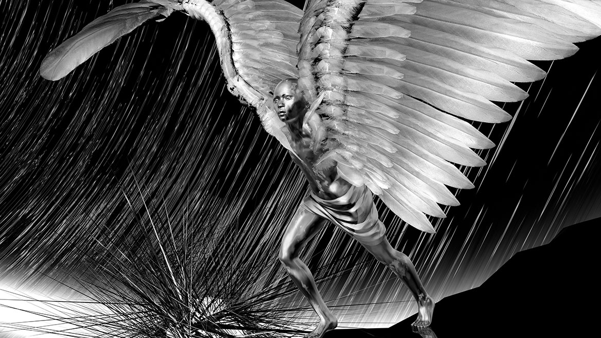 Just before takeoff. With its eyes wide open, the chimera continues to look very worried. The wings are spread wide.