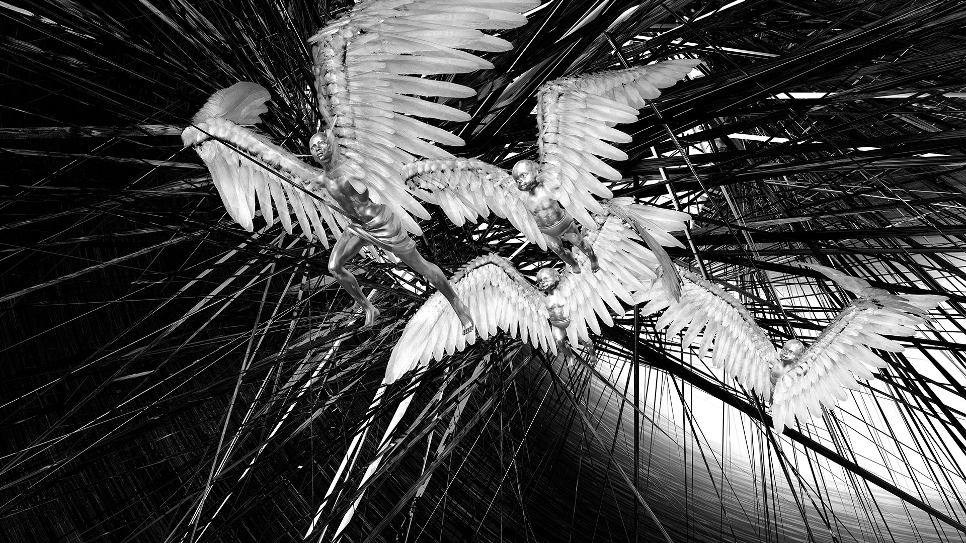 Four winged human beings, which are supposed to represent the successors of the crashed Icarus from Greek mythology, fly through a tangle of rays that looks very threatening. This image and all subsequent images from the series of digital painting are in black and white.