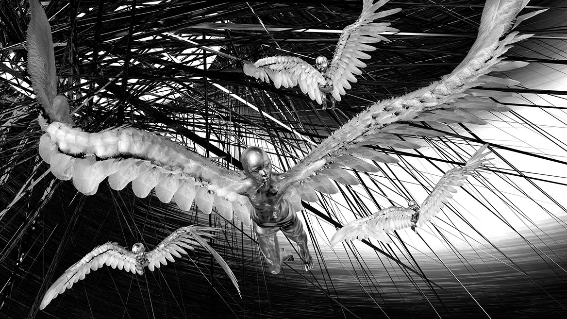 The group flies below the dagger-like rays of the sun, trying to avoid them. The threatening sun is an allusion to the Ikaros saga, in which the wax between the wings melted, causing Ikaros to crash into the sea.