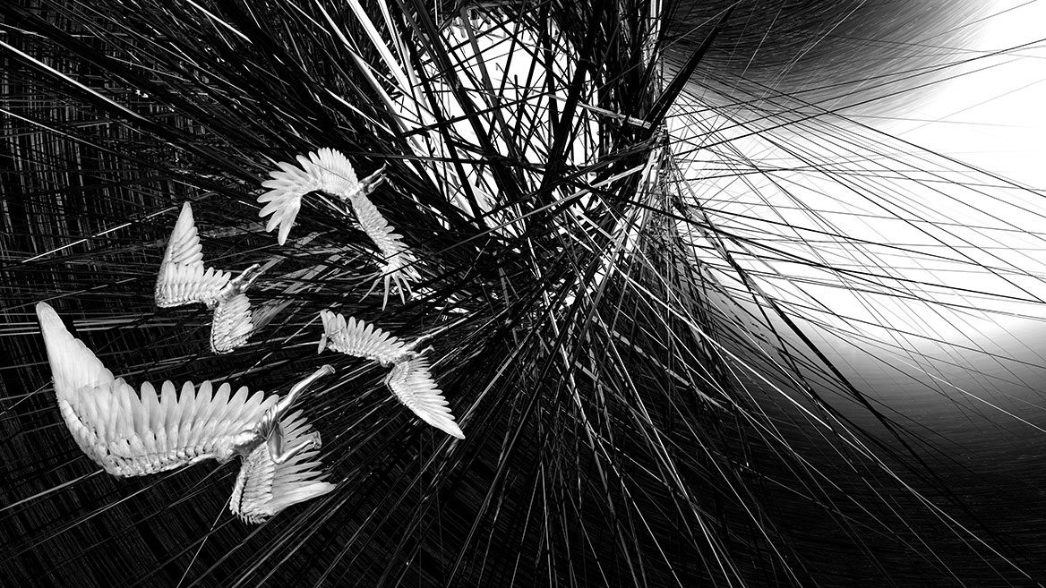 In a nosedive, the four fleeing chimeras fall towards the edge of the picture to the lower left.