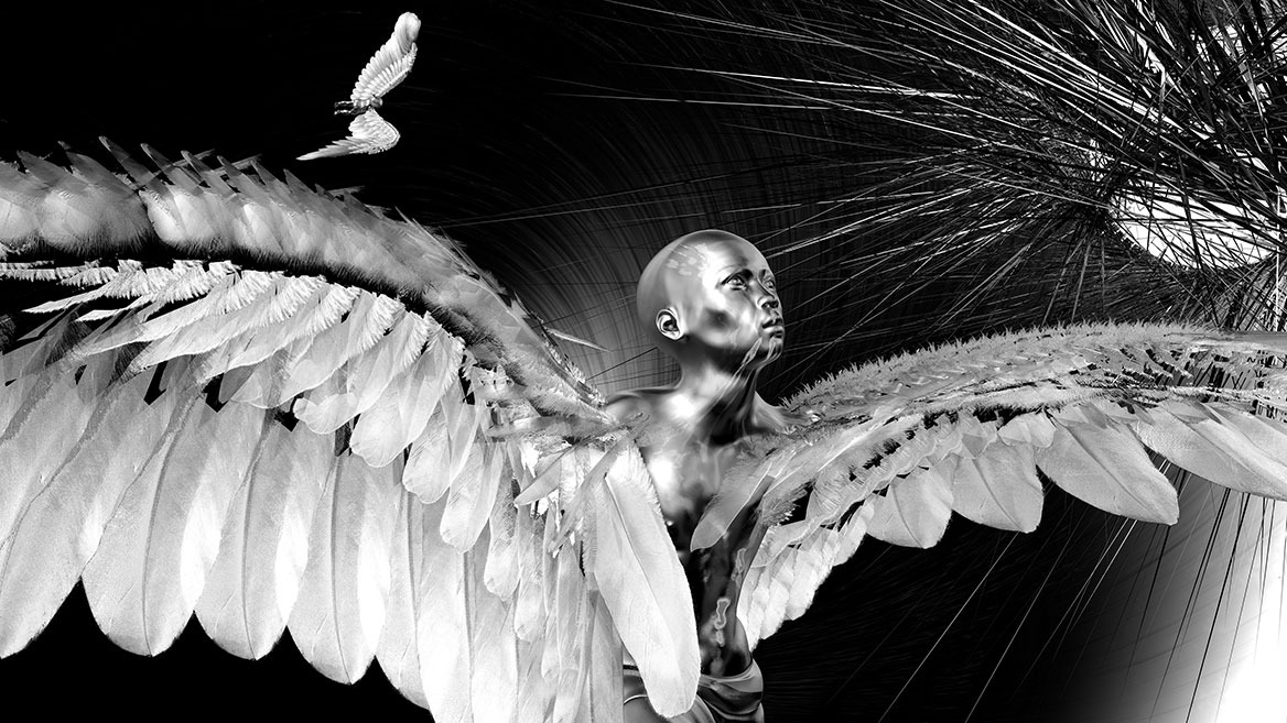 The winged group of people is composed of one adult and three small chimeras that have grown wings instead of arms. In this digital painting, the adult chimera looks anxiously at the sky in the direction of the destructive sun. A child chimera is already circling in the sky.