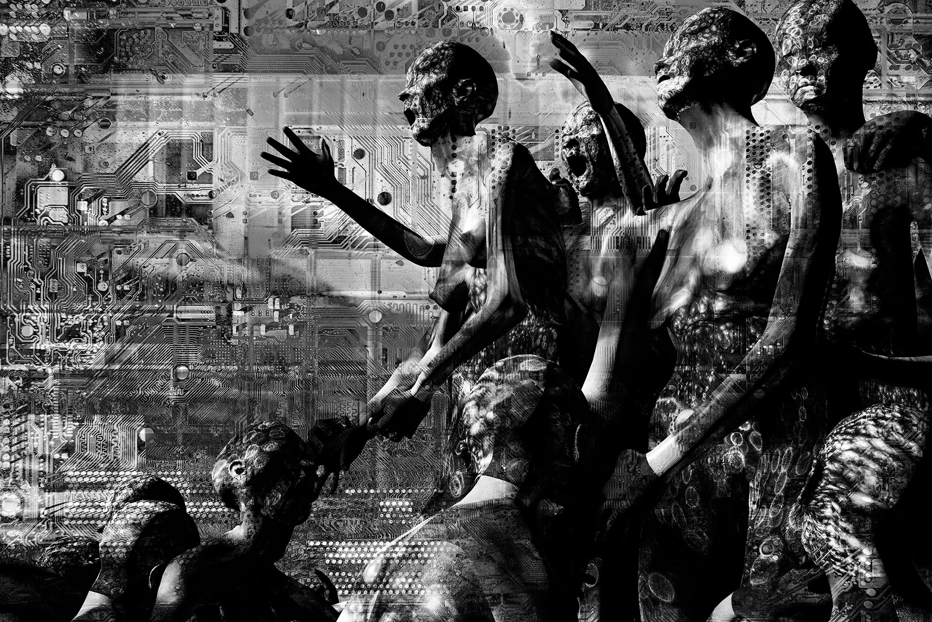 Eine Gruppe jubelnder, begeisteter Zuschauer schaut von rechts nach links in den Bildraum hinein. Unterhalb der Darsteller wenden sich, niedriger gestellt, weitere Figuren unterwürfig der jubelnden Menschenmenge zu.