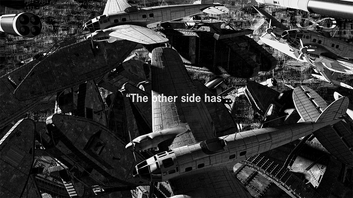 Standbild aus der Animation. Der Bildausschnitt zeigt die kreisenden Bomber und die eingeblendete Typografie ‘The other side has …’.