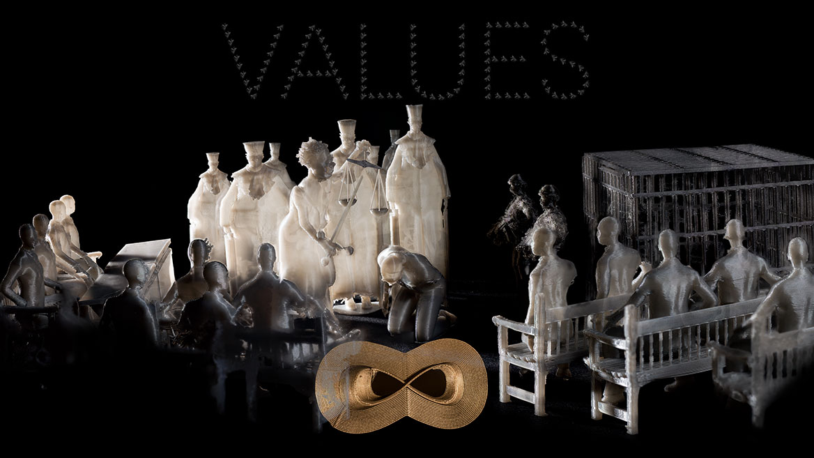 Digitales Kunstwerk. Eine Szene vor Gericht. Eine Gruppe von Richtern steht hinter Justitia, der Göttin der Gerechtigkeit, mit ihrem Schwert und ihrer Waage, die einen vor ihr auf dem Boden knienden und gebeugten Mann aburteilt.