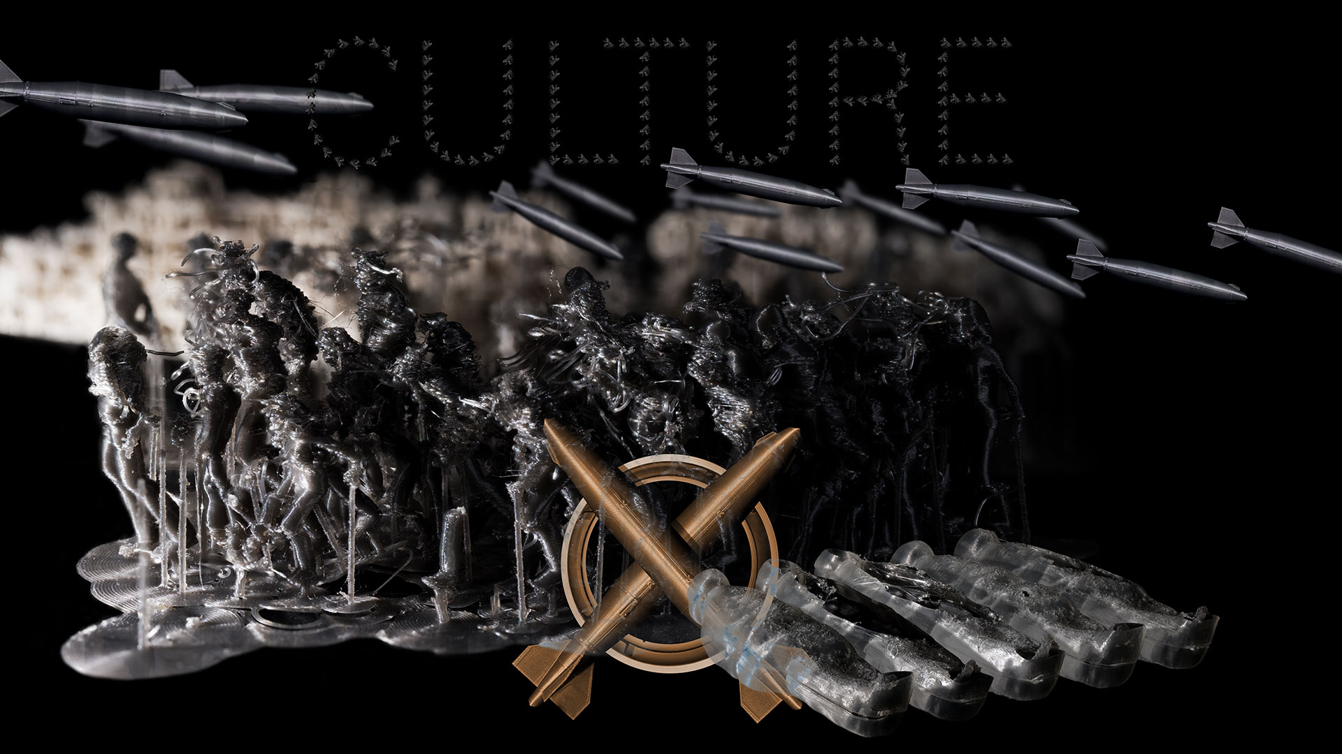 Die zweite Bildtafel zeigt eine Kriegsszene. Eine Menschengruppe marschiert von rechts hinten nach vorne links ins Bildfeld hinein – auf den Bildbetracher zu. Die Figuren sind durch die Druckausgabe mit dem 3D-Drucker stark deformiert. Der Künstler hat die scheinbaren Fehlproduktionen der Figuren als Gestaltungselement eingesetzt. Im Vodergrund liegen auf dem Boden fünf Leichen in Leichensäcken. Über der Gruppe werden viele Fliegerbomben abgeworfen. Im Hinterrund sind, unscharf, zerbombte Bauruinen abgebildet. Analog der Anordnung, Größe und goldenen Farbgebung des Dollarzeichens im ersten Motiv, ist auf diesem Bildwerk ein wappenartiges Emblem platziert, dass zwei sich kreuzende Fliegerbomben zeigt. Über allem steht, vor schwarzem Himmel, das Wort CULTURE geschrieben, gebildet aus vielen kleinen Fliegenkörpern.