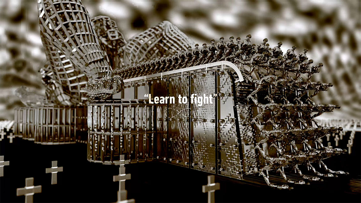 Standbild aus der Animation. Totale (über Eck) auf die Maschinerie. Die englischen Wörter -Learn to fight- stehen in weißer Typografie zentral im Bild und sind mit An- und Abführungszeichen gesetzt. Darunter ist das mathematische Unendlichkeitszeichen abgebildet, dass in der Animation fast durchweg um eine unsichtbare, vertikale Achse rotiert.