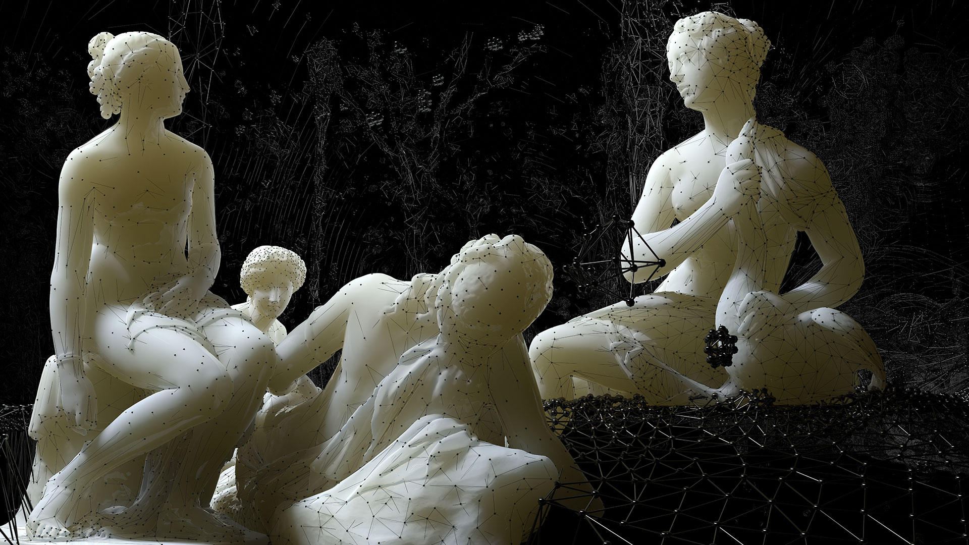 Drei Nymphen sitzen zusammen und besprechen sich. Eine der Nymphen hält einen Schwan im Arm. Am Boden liegt die Venus. Ist sie tot oder schläft sie nur? Die Frauengruppe ist mit einer marmorartigen Textur-Oberfläche ausgeführt, der Bildhintergrund ist schwarz gehalten und filigran durch ein silbern glänzendes Netzwerk von 3D-Meshes gezeichnet. In dem Bild treffen die klassische Anmutung der Figuren mit einer zeitgenössischen Darstellungsweise von netzartigen Strukturen aufeinander. Die Figuren sind auf Augenhöhe mit dem Betrachter.