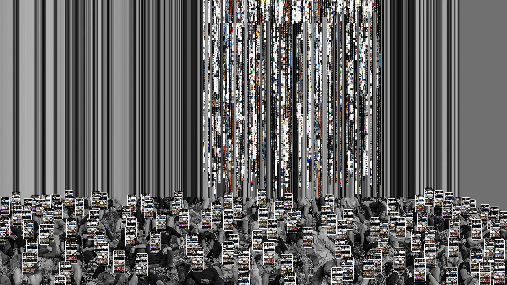 Digitale Kunst: In dieser Einstellung strömen vertikale Linien aus oder in die Menschengruppe, deren Gesichter in allen Bildwerken durch Handy-Überlagerungen unkenntlich gemacht sind. Ein Segment der Linien ist wiederum durch farbige Screenshots ersetzt.