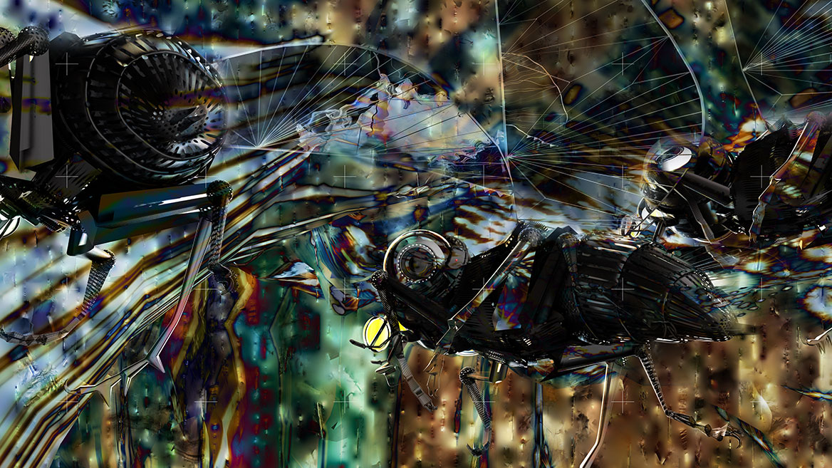 Mechanical flying insects buzz in front of shimmering colors. The digital artwork portrays the artificial flies with their camera eyes, which, unnoticed by humans, could provide insight into the environment.