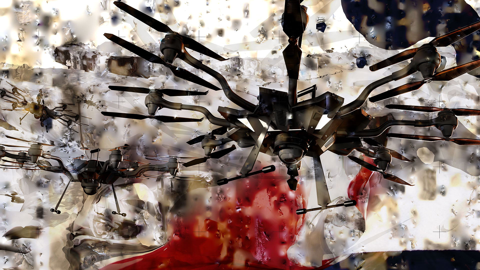 A swarm of surveillance drones lines up above white landscape. The rugged backdrop is digitally painted in white, red and brownish hues. Below the front drones, the lenses of the surveillance cameras are clearly visible.