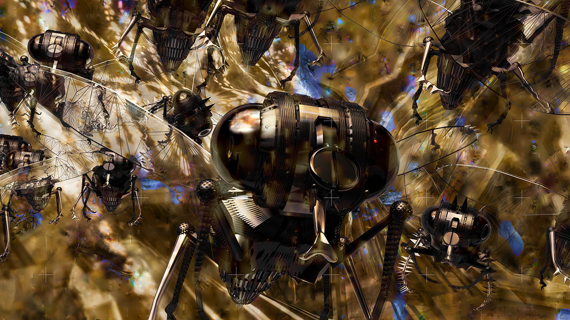Die Frontalansicht eines Schwarms zeigt die Details der Sensoren und der mechanischen Elemente. Die Überwachungsfliegen kommen bedrohlich auf den Betrachter zu.