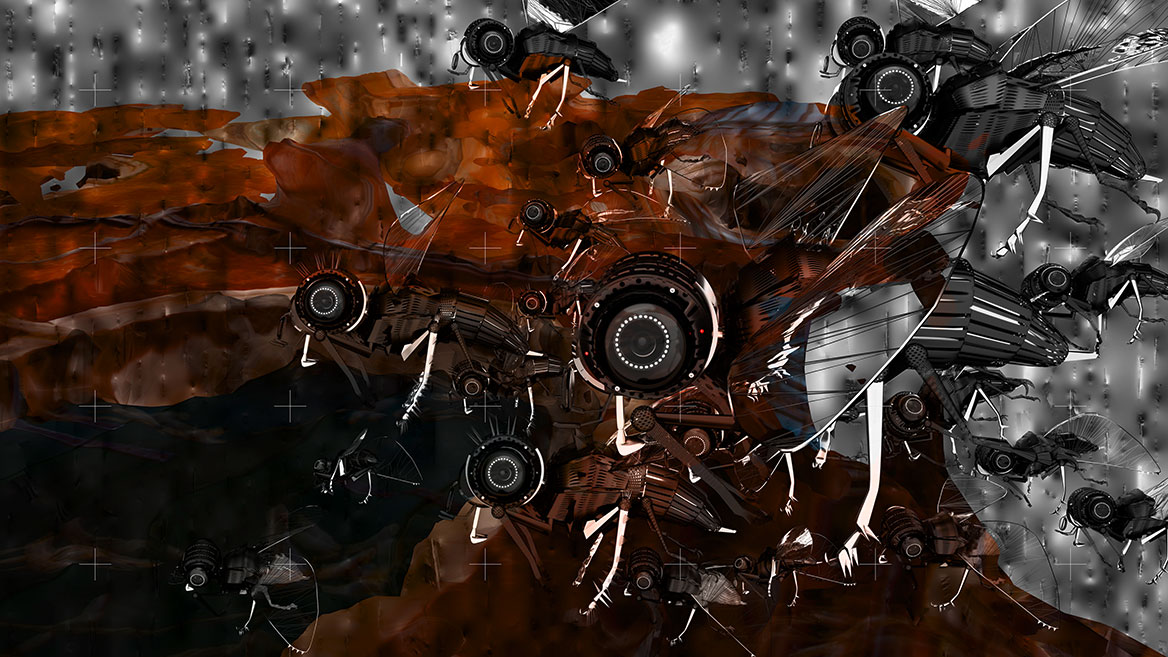 Ein Schwarm von mechanischen Fliegen fliegt von rechts nach links ins Bildformat. Überwachungskameras anstelle von Facettenaugen machen das Potential kleinster Überwachungsdrohnen sichtbar.