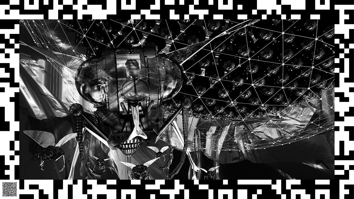 Ein futuristisches, mechanisches Fluginsekt blickt den Bildbetrachter frontal an. Im Hintergrund sind weitere Überwachungsfliegen zu sehen, die unterhalb einer grossen Kalotte im Schwarm folgen. Die Kalotte besteht aus lauter Überwachungskameras.