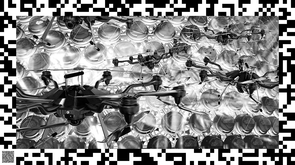 Derselbe Schwarm von Überwachungsdrohnen vor einem anderen Bildhintergrund.