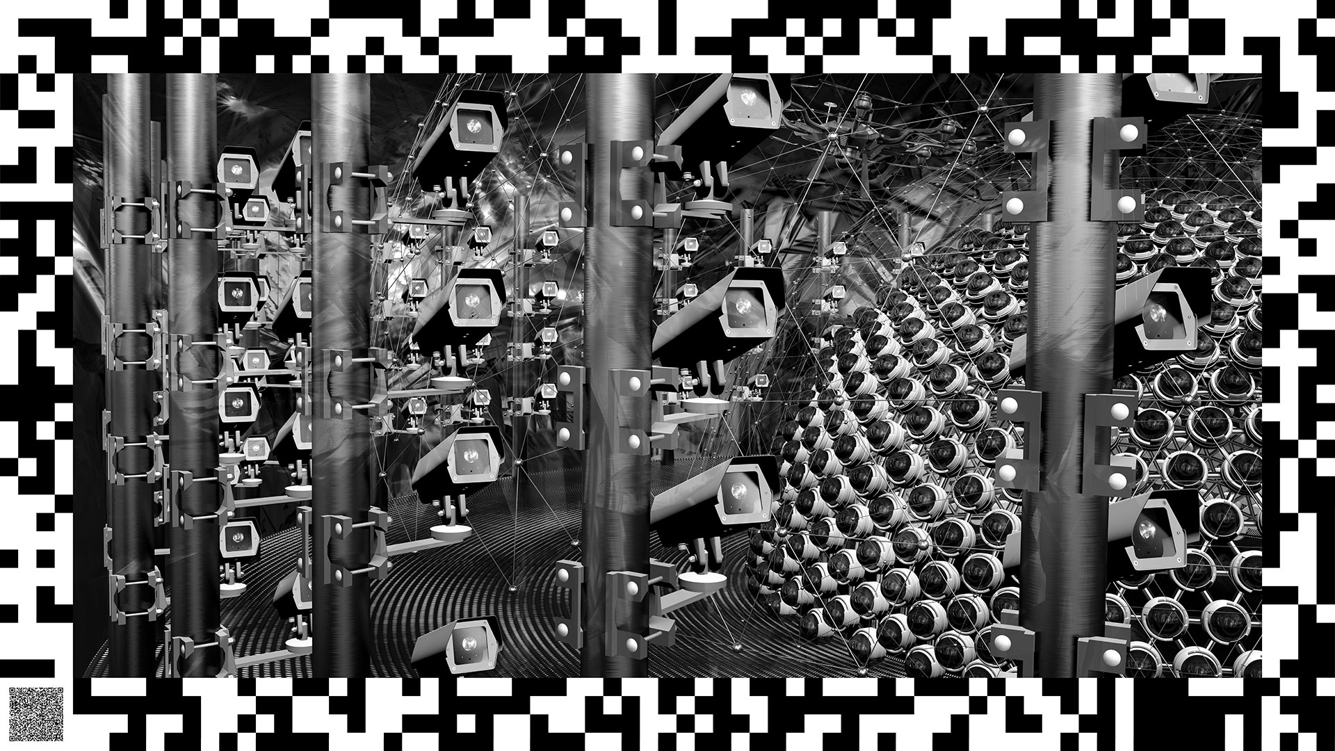Digitales Gemälde in Schwarz-Weiss, in dem viele Überwachungskameras eine Kuppel aus weiteren Kameras einkreisen. Drohnen umkreisen die Kuppel. Die Szenerie wirkt duster und bedrohlich. Dieses und alle folgenden Bilder sind von QR-Code-Mustern eingerahmt. Links unten ist ein scanbarer QR-Code im Bildrahmen eingefügt.