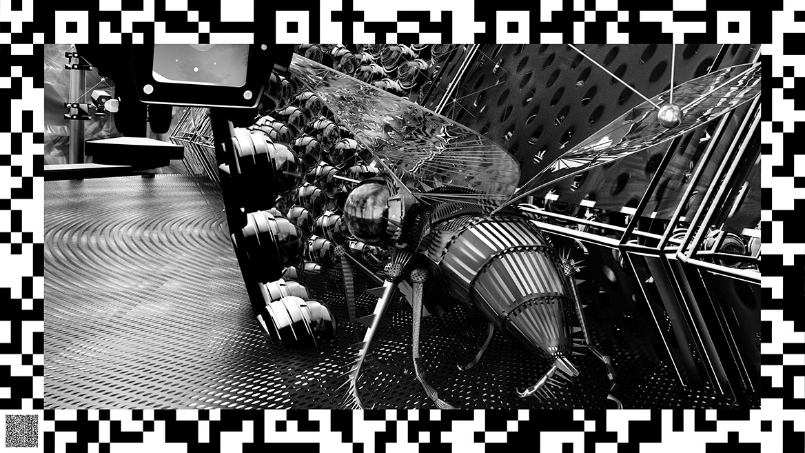 Eine riesige Überwachungsfliege dingt in eine metallische Röhre voller Überwachungskameras ein, um das Innere zu inspizieren. Innen und aussen sind viele Überwachungskameras angeordnet.