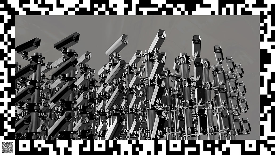 Überwachungskameras stehen dicht beieinander und sind alle auf einen fiktiven Punkt im Himmel ausgerichtet.