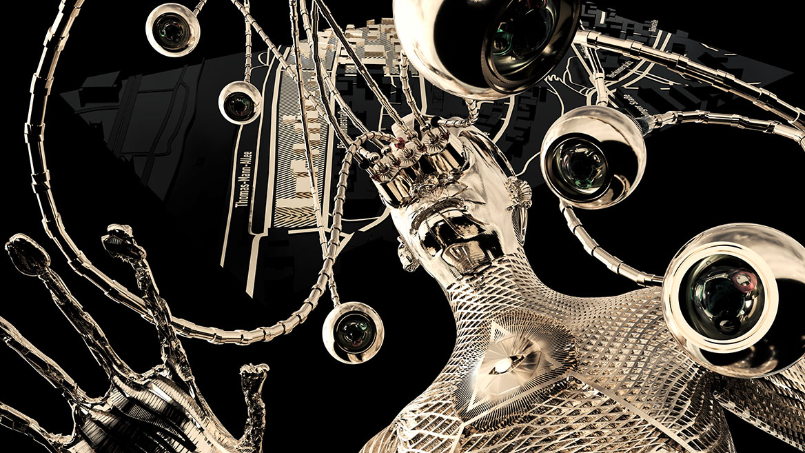 In diesem digitalen Gemälde ist der Überwachungsroboter frontal aus der Froschperspektive abgebilet. Sechs künstliche Augen sind auf den Bildbetrachter ausgerichtet. In der Brust der Metallpanzerung ist ein mystisches Signet eingearbeitet, bestehend aus einer Pyramide und einem stilisierten Auge, aus dessen Mitte Strahlen in alle Richtungen ausgehen. Im Hintergrund ist die Siedlung der reichen Münchener aus einer neuen Perspektive zu sehen.