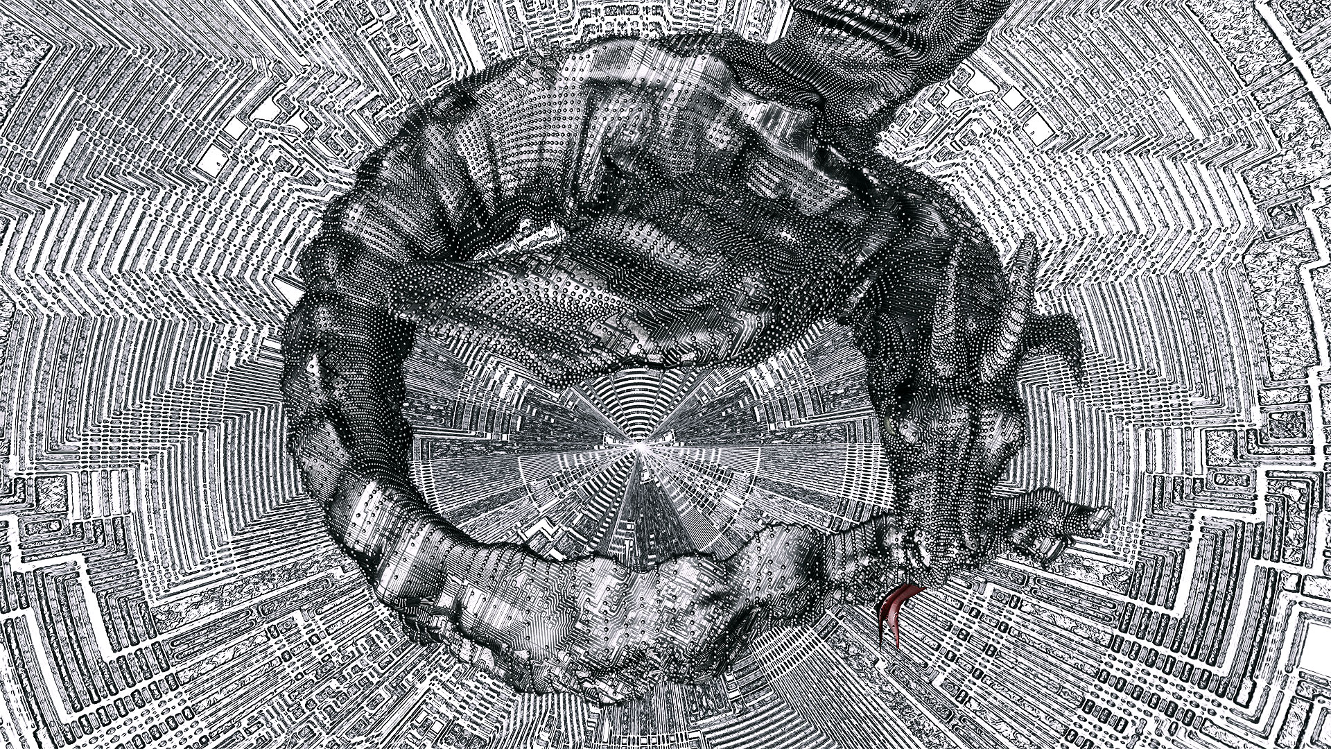 Perspektive von oben auf den sich zu einem Kreis windenden Drachen. Auch das urbane Hintergrundmuster bildet Kreisformen ab.