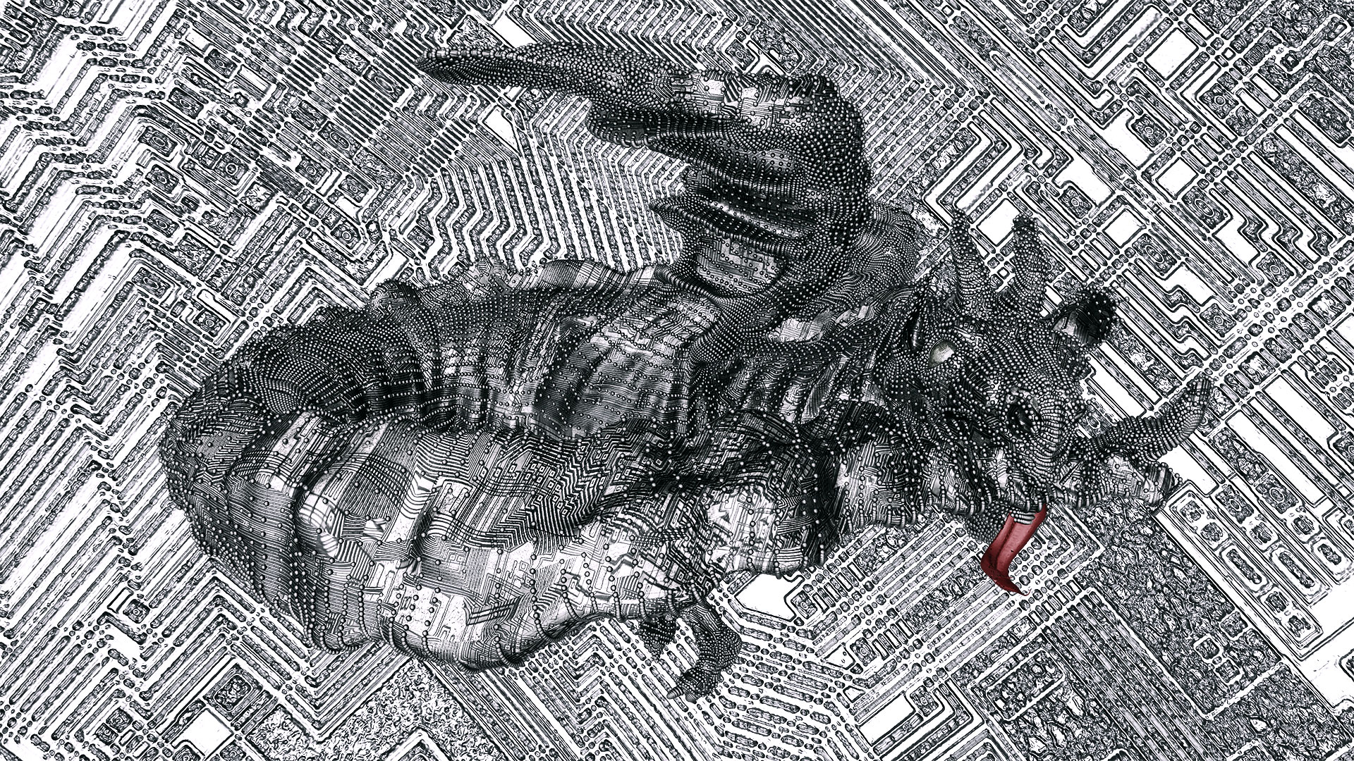Der Drache beisst sich selber in den Schwanz und bildet eine Kreisform. Die gespaltene, rote Zunge ragt aus dem Maul heraus. In allen digitalen Werken der Bildserie ist der komplette Hintergrund mit einem Muster belegt, das Elektronik symbolisiert.
