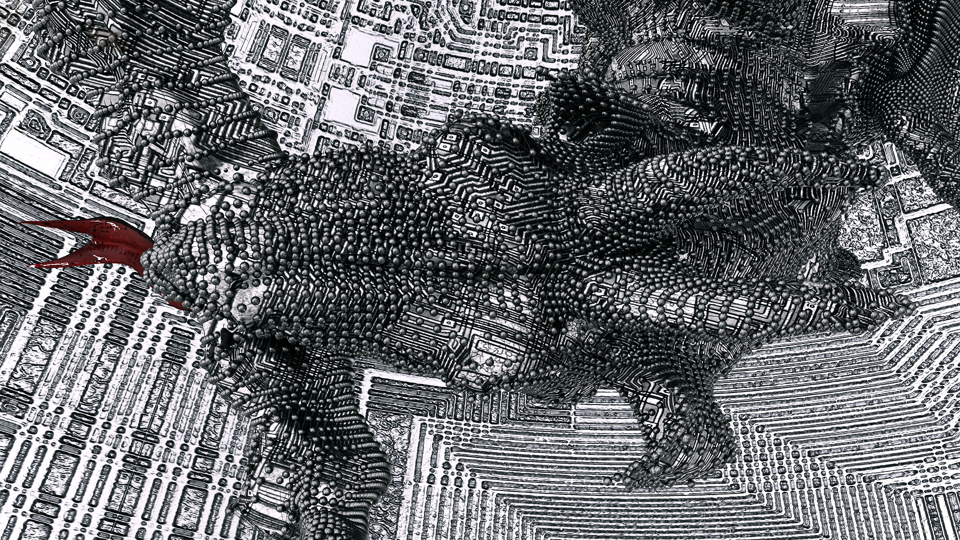 Detail des Kopfes von oben. Bis auf Schwert, Blut und Drachenzunge sind alle Tonwerte der Bildserie in Schwarz-Weiss angelegt, die metallisch anmuten.