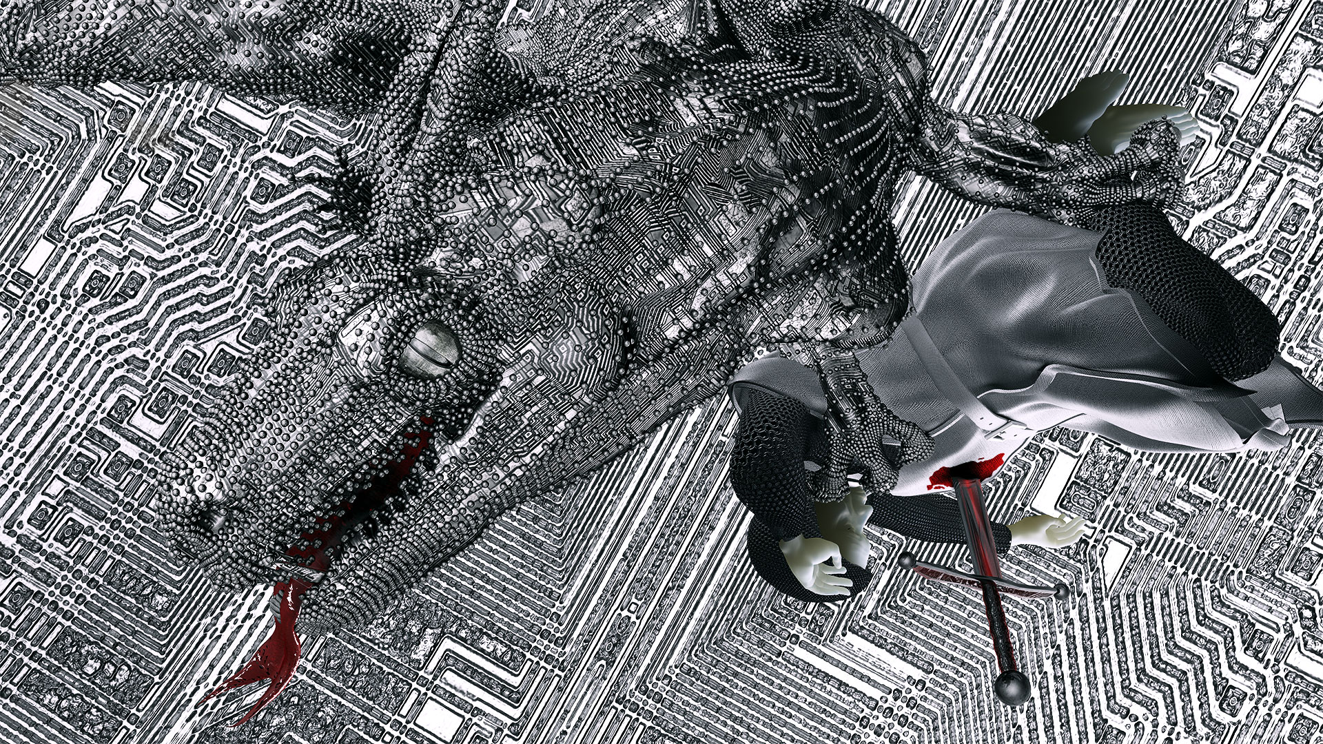 Ein künstlicher Drachen, dessen Haut aus Mikrochips und elektronischen Bauteilen aufgebaut und vollflächig mit Schaltkreisen bedeckt ist, fliegt, mit einem toten Kreuzritter in seinen Fängen, auf den Bildbetrachter zu. Eine gespaltene, rote Zunge ragt aus dem Maul des Drachen. Der Brustkorb des Kreuzritters ist von einem roten, abgebrochenen Schwert durchbohrt. Die Füsse des Ritters sind nackt, er hat seine Stiefel verloren. Der Bildhintergrund wirkt wie ein metallisches Labyrinth aus Mikroplatinen, die einer abstrakten, urbanen Landschaft ähneln.